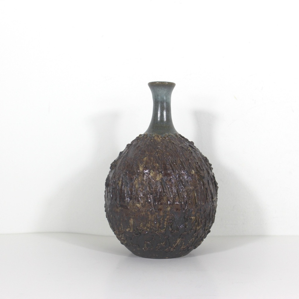 Mid Century Modern Signed Vintage Pottery Vase, Blue Green Brown Heavy Texture